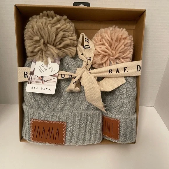 Rae Dunn Beanie Set, MAMA & MINI Rae Dunn Mama & Mini 2 Piece Set Knit Beanie With Pom Pom  main image 2